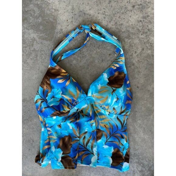 Blue Floral Full Coverage Swimsuit Bathing Suit Top Size Small - Picture 1 of 7